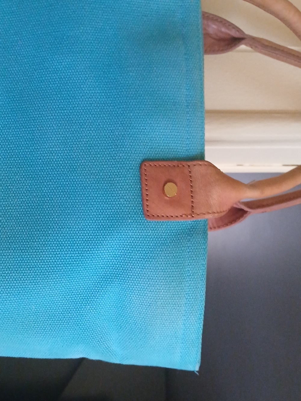 Tory Burch Turquoise Canvas Tote with Brown Leather Trim and Logo - Picture 11 of 11